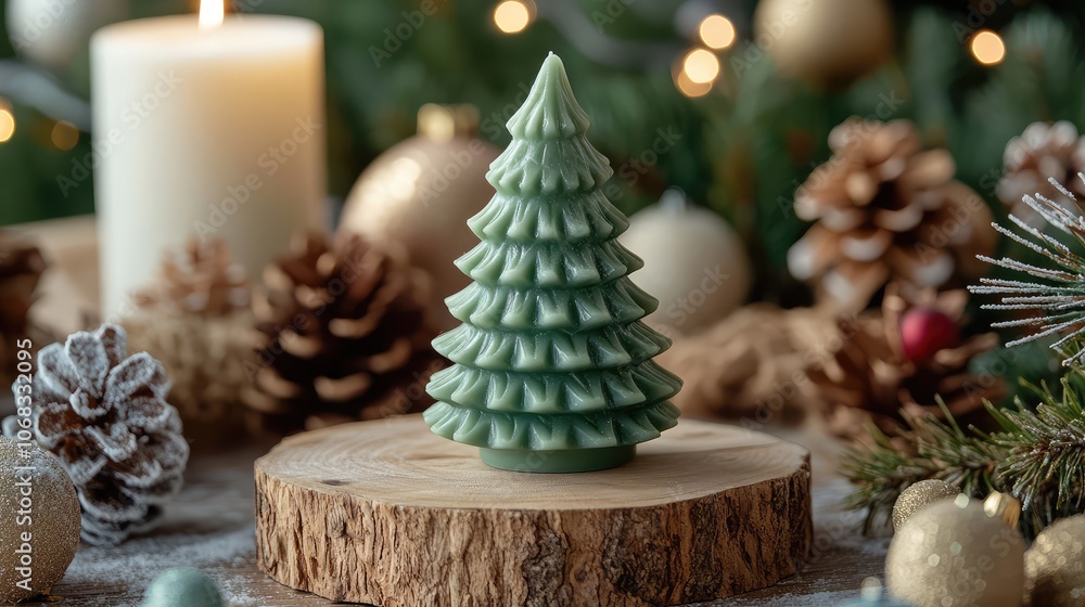 Green Christmas candle shaped like a pine tree, placed on a wooden slab surrounded by holiday decor. Green Christmas candle shaped like a pine tree, placed on a wooden slab surrounded by holiday decor.