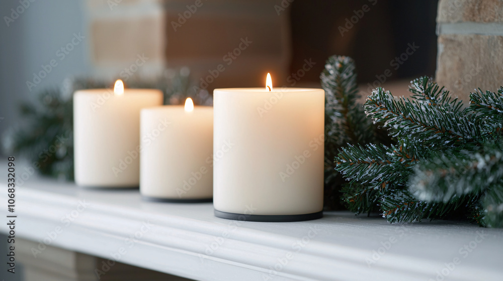 serene close up of glowing candles surrounded by lush Christmas garland, creating warm and inviting atmosphere perfect for holiday season serene close up of glowing candles surrounded by lush Christmas garland, creating warm and inviting atmosphere perfect for holiday season