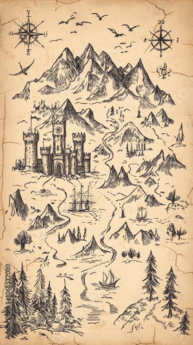 A vintage map featuring mountains, a castle, and various landscapes.