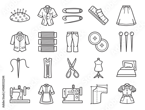 Atelier Icons Set in Line Style. Equipment for sewing collection. Needle, suit, Skirt, Thread, Scissors, Trousers, buttons, sewing machine, pins, sewing tools. Vector illustration