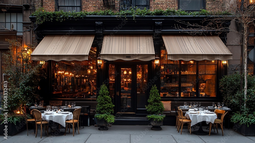 A cozy restaurant with outdoor seating under striped awnings. A cozy restaurant with outdoor seating under striped awnings.