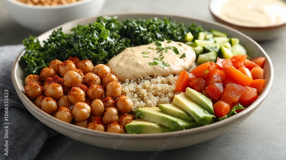 A colorful quinoa bowl with chickpeas, kale, cucumber, tomato, avocado, and a creamy dressing. A colorful quinoa bowl with chickpeas, kale, cucumber, tomato, avocado, and a creamy dressing.