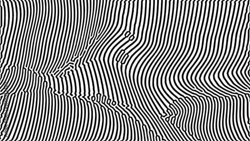 Black and white abstract optical art with dynamic wavy lines and distortion effect