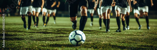 A businessman kicks a soccer ball on a sports field, with a group cheering behind him, capturing the essence of leadership and team spirit.