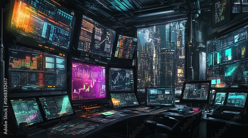 Obraz premium Futuristic Control Room with Multiple Monitors Displaying Data and a Cityscape View
