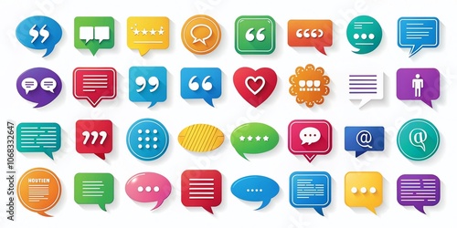 Vector Illustration of Chat Bubble Quotes Icon Set Featuring Quote Marks, Speech Marks, and Inverted Commas in a Modern Design for Creative Projects and Communication Needs