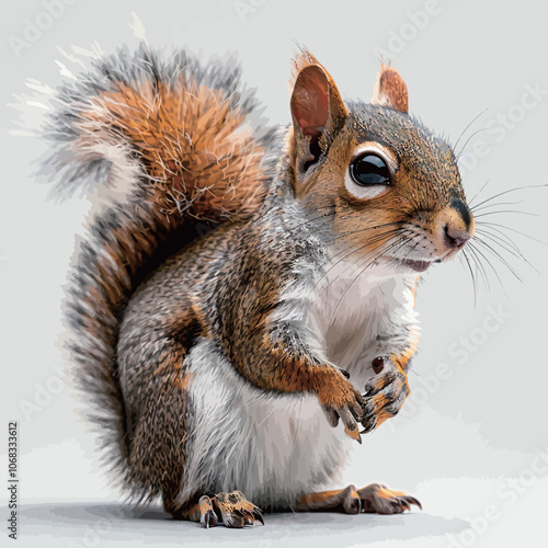 Eurasian grey squirrel standing on gray background, front view. 