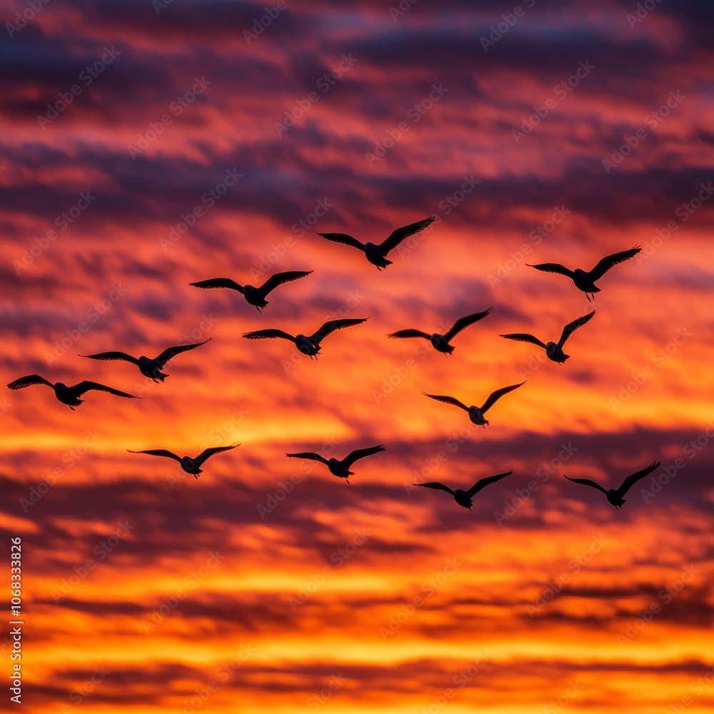 Flock of birds silhouettes flying across a vibrant sunset with dramatic cloud pattern in shades of orange and purple. Flock of birds silhouettes flying across a vibrant sunset with dramatic cloud pattern in shades of orange and purple.