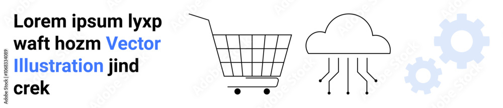 Shopping cart, cloud with circuits, and gears beside placeholder text. Ideal for e-commerce, technology, digital marketing, cloud services, innovation, online shopping, IT solutions. Banner Shopping cart, cloud with circuits, and gears beside placeholder text. Ideal for e-commerce, technology, digital marketing, cloud services, innovation, online shopping, IT solutions. Banner