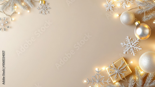 Festive arrangement of Christmas decorations, including ornaments, snowflakes, and a gift box on a soft beige background