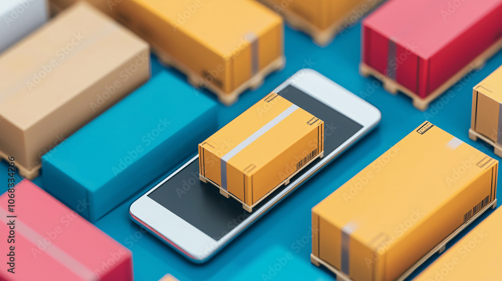 Fototapeta premium Efficient real time inventory tracking on smart devices with colorful packages. This showcases smartphone surrounded by various boxes, emphasizing modern logistics
