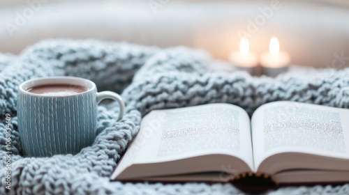 A cozy scene featuring a cup of hot chocolate, an open book, and soft blankets, perfect for relaxing by candlelight.