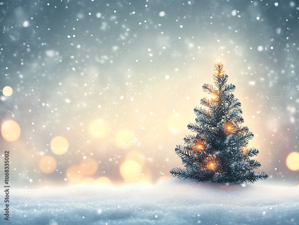 A Christmas Tree Standing in a Snowy Landscape with Warm Bokeh Lights A Christmas Tree Standing in a Snowy Landscape with Warm Bokeh Lights