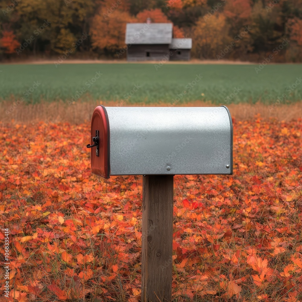 A mailbox stands in a field of vibrant autumn leaves, with a rustic house in the background, creating a picturesque rural scene. A mailbox stands in a field of vibrant autumn leaves, with a rustic house in the background, creating a picturesque rural scene.