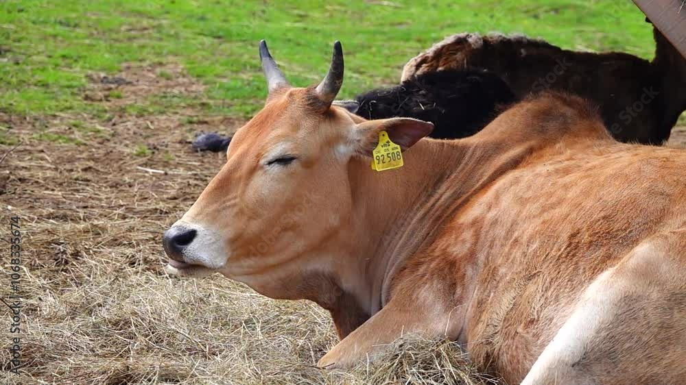 red zebu (Bos indicus) resting on the grass. slow motion red zebu (Bos indicus) resting on the grass. slow motion
