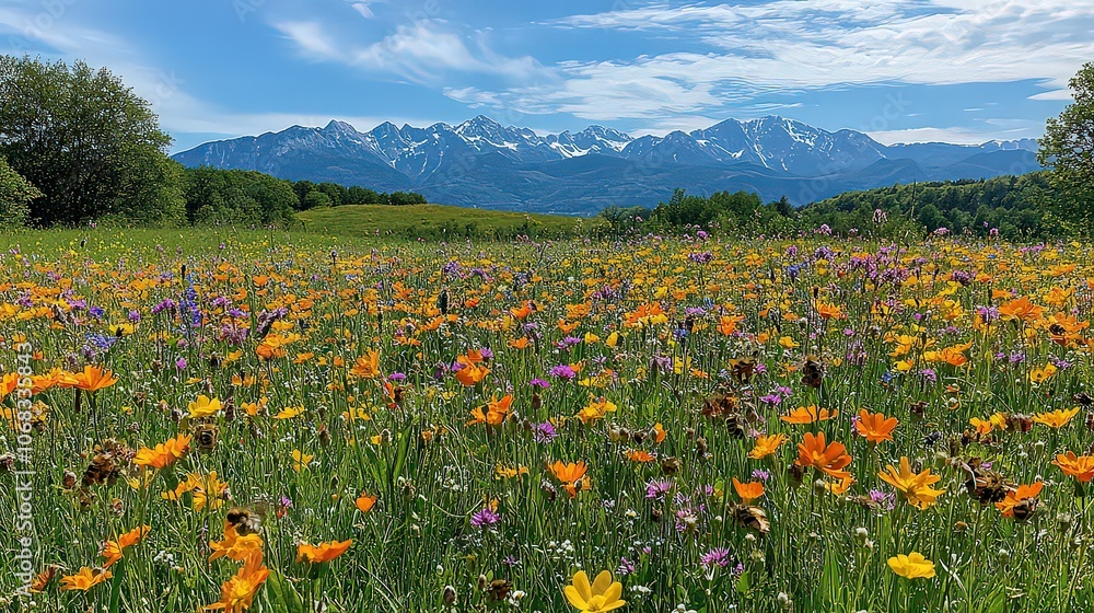 Vibrant Slovenian meadow filled with wildflowers, bees, and butterflies, with snow-capped mountains in distance, showcasing beautiful natural landscape. Vibrant Slovenian meadow filled with wildflowers, bees, and butterflies, with snow-capped mountains in distance, showcasing beautiful natural landscape.