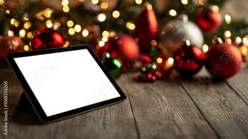 A tablet on a rustic wooden surface, surrounded by colorful Christmas ornaments and twinkling lights, creating a festive and cozy atmosphere.