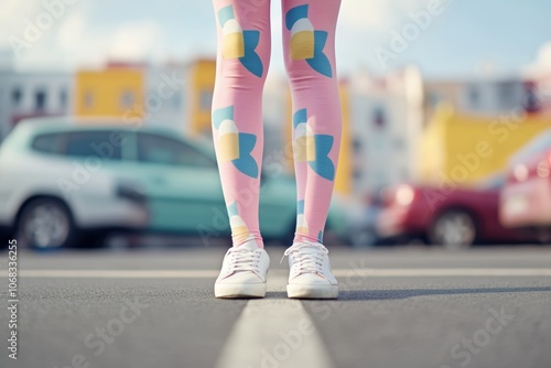 Colorful floral leggings and white sneakers stand out in a vibrant city parking lot during daylight