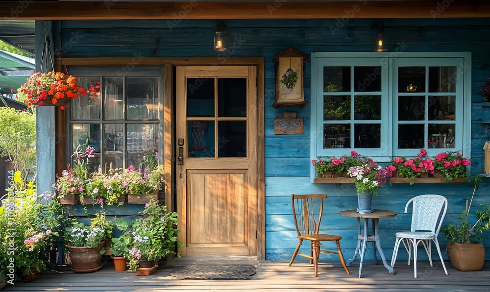 A quaint blue wooden house with a wooden door, two windows, and potted plants. A quaint blue wooden house with a wooden door, two windows, and potted plants.