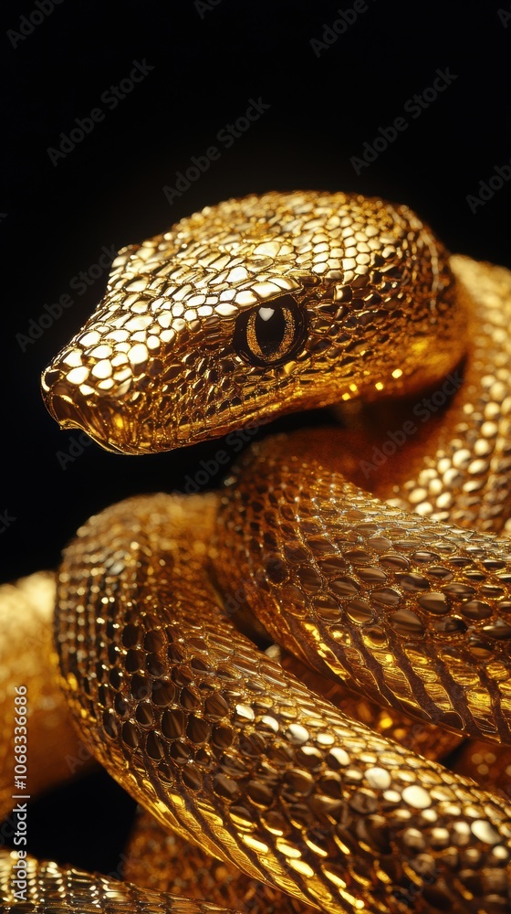 Fototapeta premium Golden snake sculpture: intricate details and lifelike realism