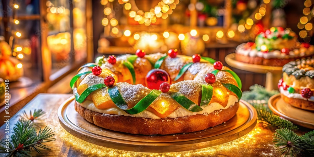 Naklejka premium Double Exposure Photography of Roscon de Reyes in a Cozy Pastry Shop with Festive Decorations and Delicious Treats, Capturing the Essence of Tradition and Celebration