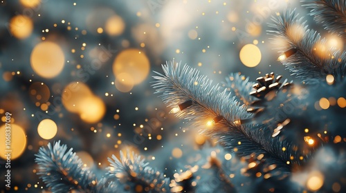 Wallpaper Mural Twinkling lights adorn a pine branch, creating a magical winter scene. Torontodigital.ca