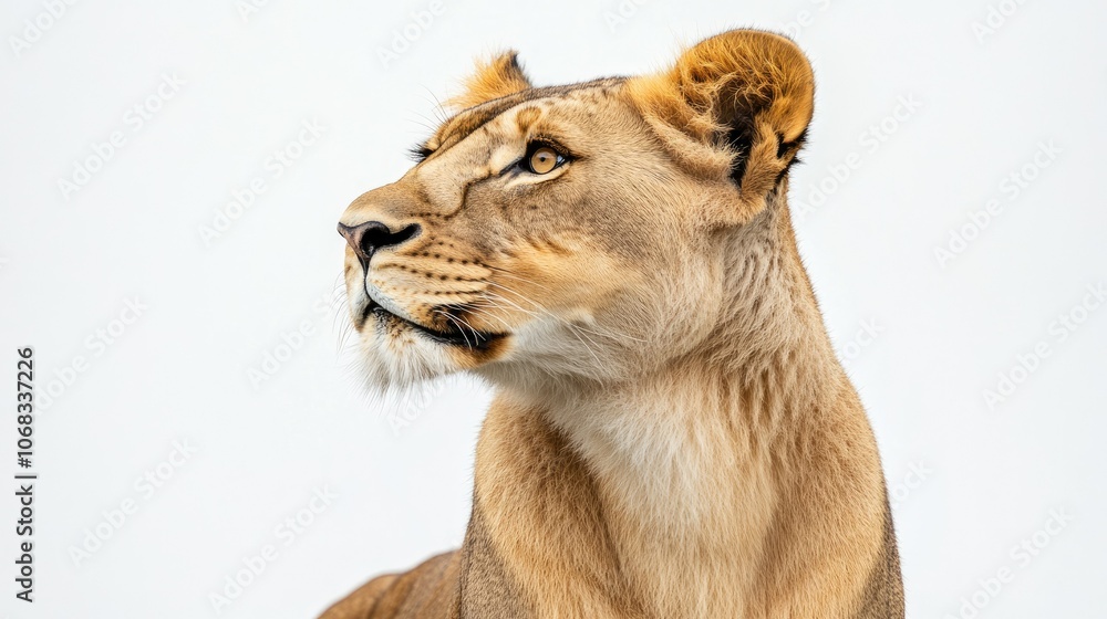 Obraz premium Majestic Lioness Portrait on White Background