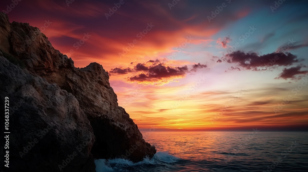 Serene Sunset Over Rocky Coastline Serene Sunset Over Rocky Coastline