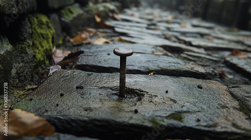 A rusty nail protrudes from a stone path.