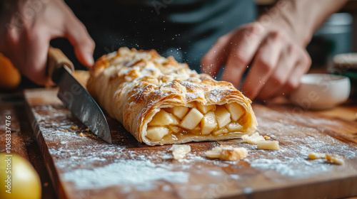 Slicing homemade apple strudel on rustic wooden board in cozy kitchen setting