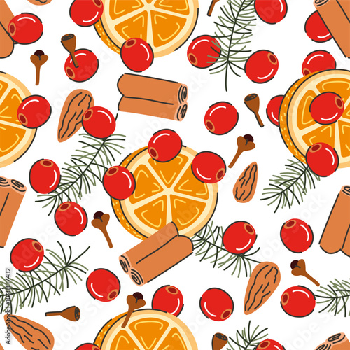Seamless pattern of Christmas spices. Illustration of cranberry, anise stars, cinnamon, fir branches, orange slices, and cloves. Christmas drink ingredients on white background.