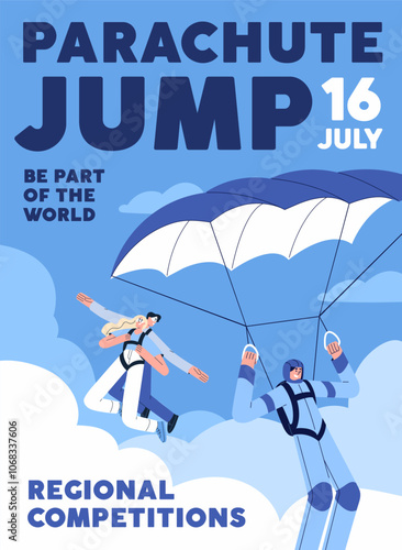 Parachuting jumping event poster. Promotion design of skydiving competition, training of free falling in sky. Advertising of extreme flight with parachutists flying in air. Flat vector illustration