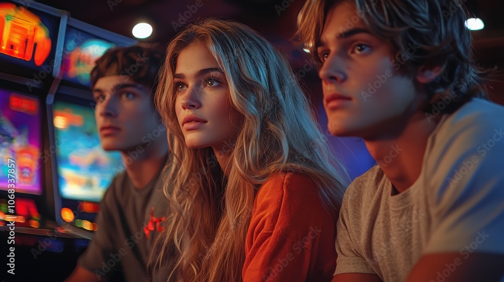 Friends enjoying an evening of fun at the arcade in a neon-lit room filled with excitement and laughter Friends enjoying an evening of fun at the arcade in a neon-lit room filled with excitement and laughter