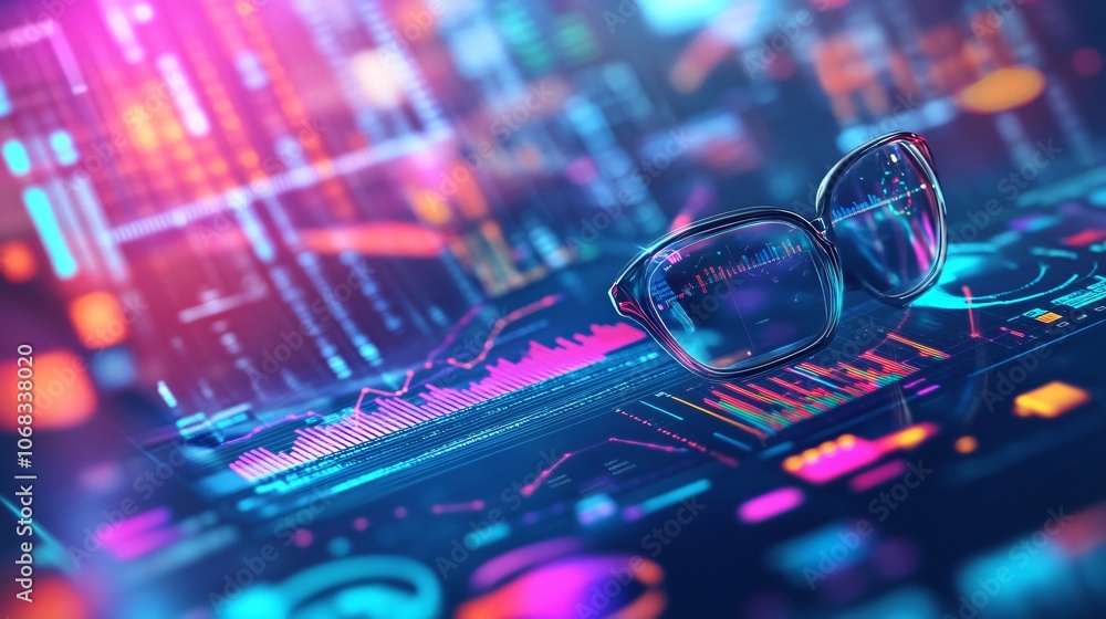 Glasses Reflecting Digital Data and Charts Glasses Reflecting Digital Data and Charts