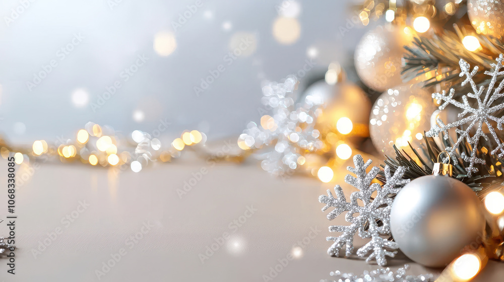 Festive winter decoration with silver ornaments, snowflakes, and warm glowing lights on a soft background, creating a cozy ambiance Festive winter decoration with silver ornaments, snowflakes, and warm glowing lights on a soft background, creating a cozy ambiance