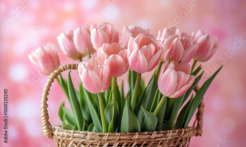 Basket of pink tulip flowers on a pink spring background copy scace