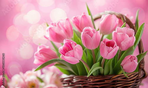 Basket of pink tulip flowers on a pink spring background copy scace