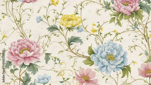 Wallpaper Mural wallpaper with a flower and plant theme with a cream colored background Torontodigital.ca