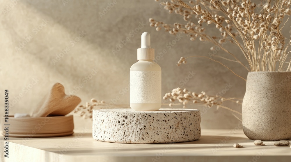 Clear Glass Bottle with Natural Elements on Table Clear Glass Bottle with Natural Elements on Table
