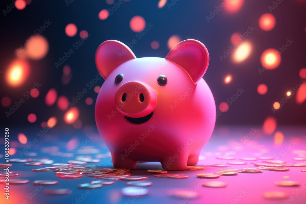 Pink piggy bank with money coin on floor. Saving money success concept. Pink piggy bank with money coin on floor. Saving money success concept.