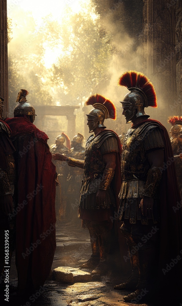 Naklejka premium Imperial guard: Roman soldier, as a testament to the might of Ancient Rome, in traditional military attire, his presence reflecting the strategic prowess and enduring legacy of roman conquests