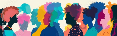 Colorful silhouettes of a diverse and multicultural community. Illustration of a multi ethnic group of people, profile portraits 