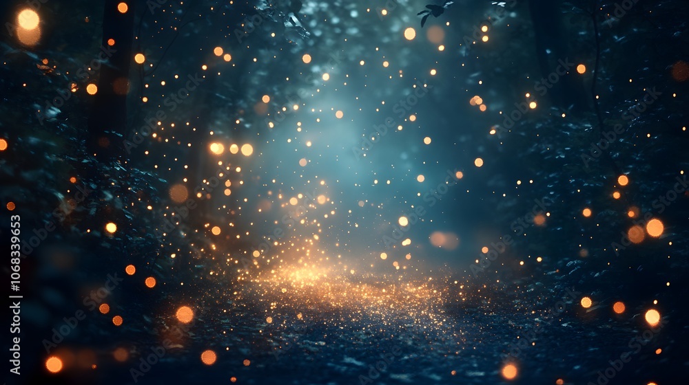 Magical forest ambiance with glowing orbs illuminating a misty path. Magical forest ambiance with glowing orbs illuminating a misty path.