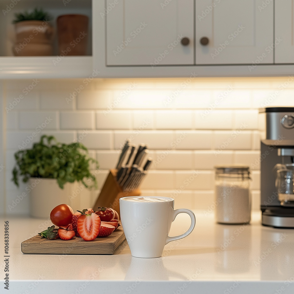 Morning Coffee in Kitchen with Fresh Fruit and White Cup Morning Coffee in Kitchen with Fresh Fruit and White Cup