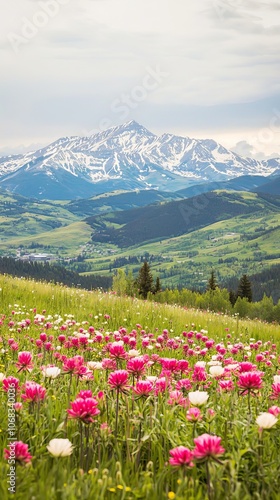 Scenic landscape featuring vibrant flowers and snow-capped mountains.