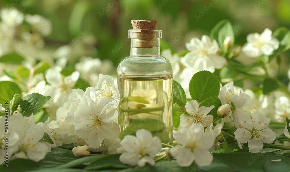Glass bottle with essential oil among the jasmin blossoms Glass bottle with essential oil among the jasmin blossoms
