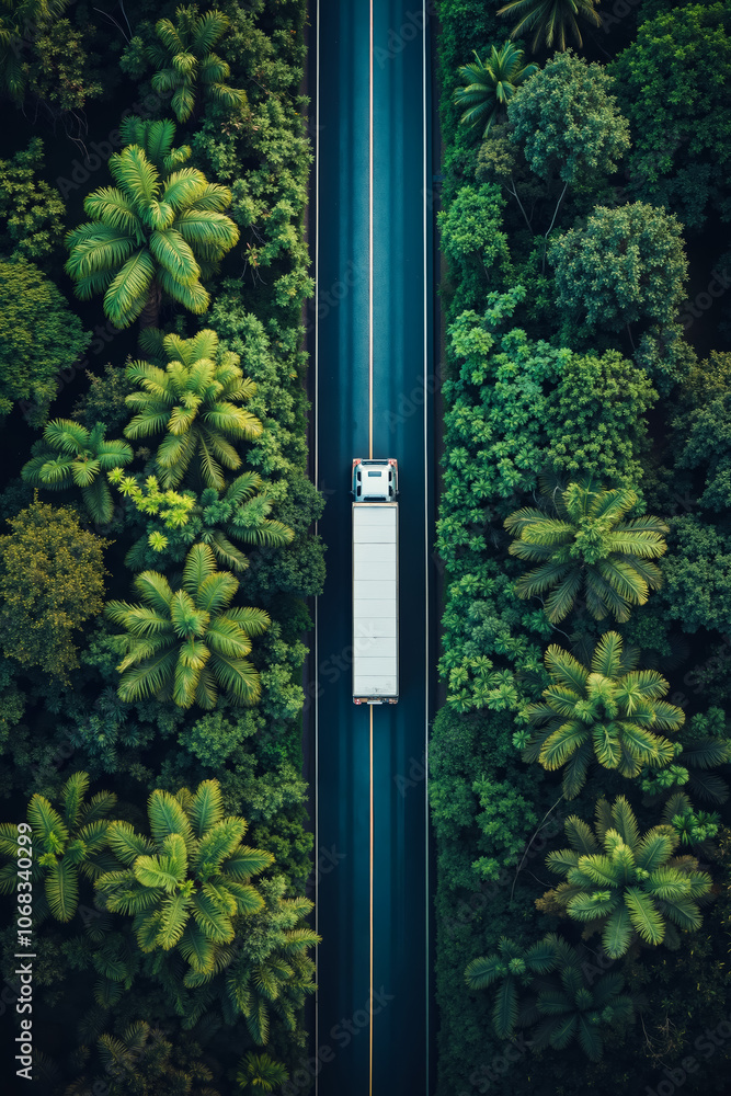 Fototapeta premium A truck driving down a road surrounded by trees