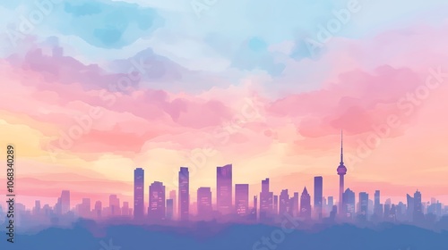 Silhouette of a city skyline at sunrise with pastel-colored clouds in pink, purple, and yellow hues. Digital illustration for background, poster, and wall art.