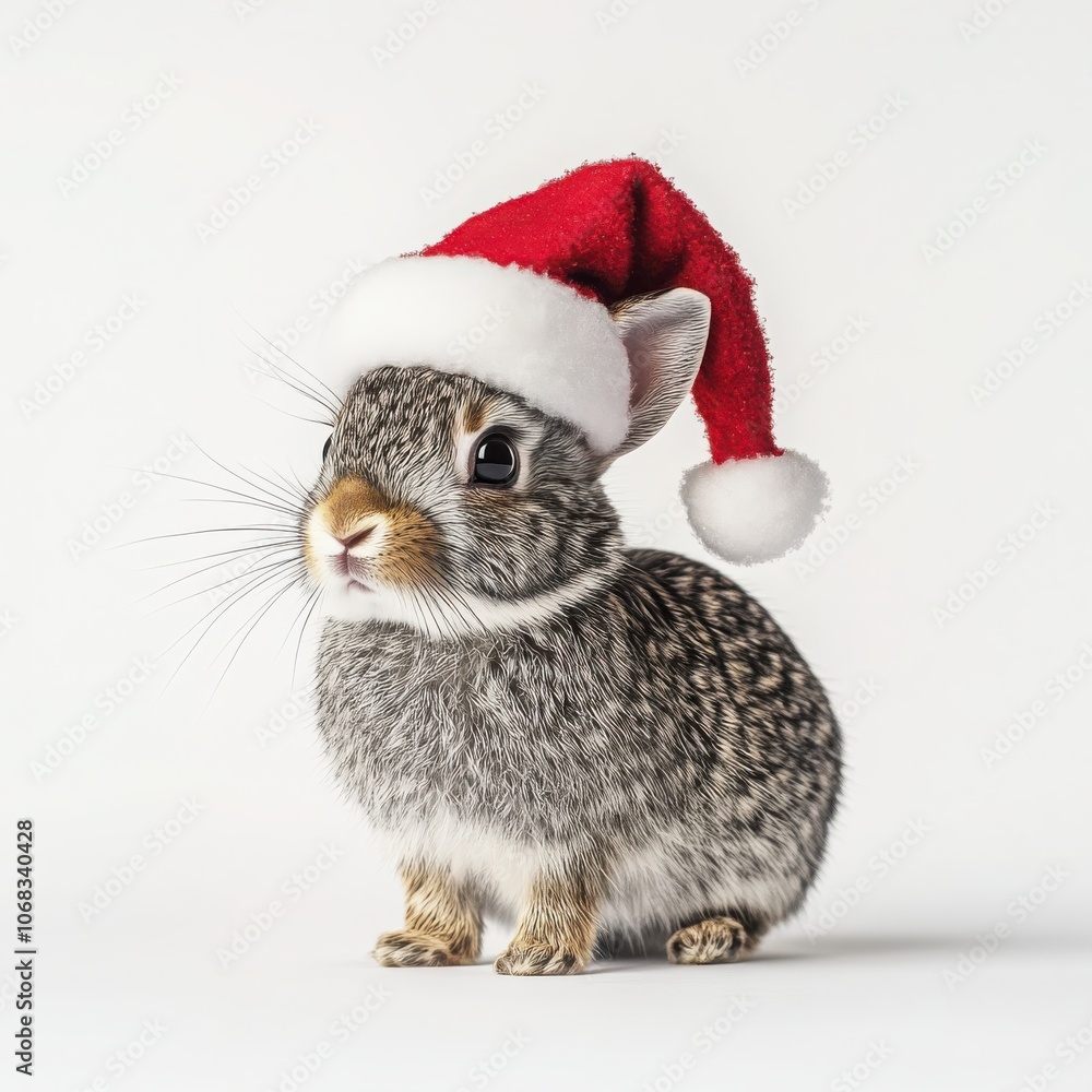 Adorable mini netherland dwarf rabbit wearing a tiny santa hat with a round body in a festive setting Adorable mini netherland dwarf rabbit wearing a tiny santa hat with a round body in a festive setting
