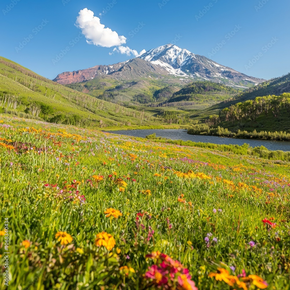 A vibrant mountain landscape with colorful wildflowers and a serene lake. A vibrant mountain landscape with colorful wildflowers and a serene lake.